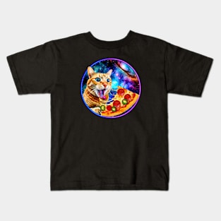 Funny Orange Cat eating Pizza in Space Kids T-Shirt